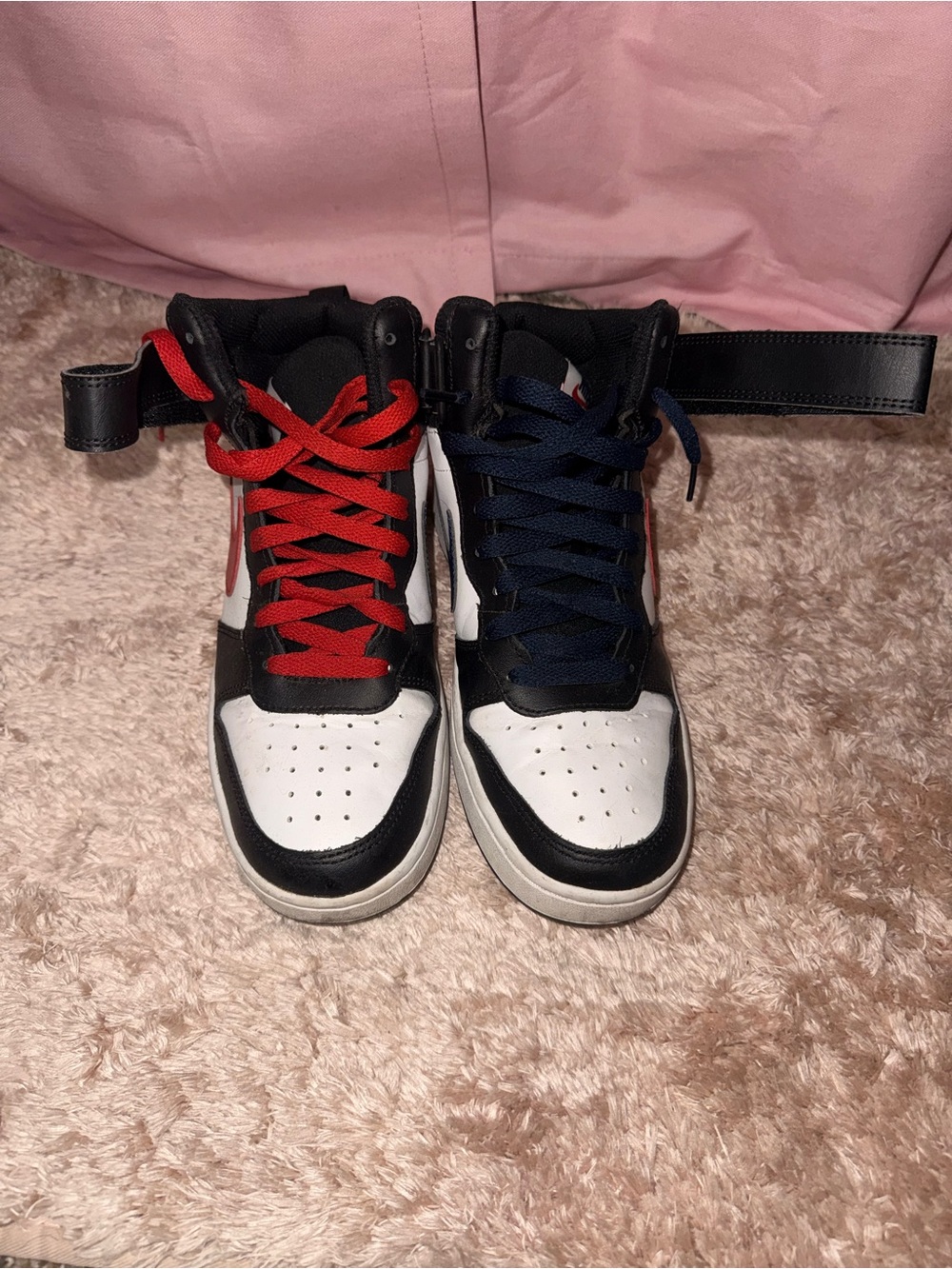 Nike Kids High-Top Sneakers in Black, White with Red & Navy Laces